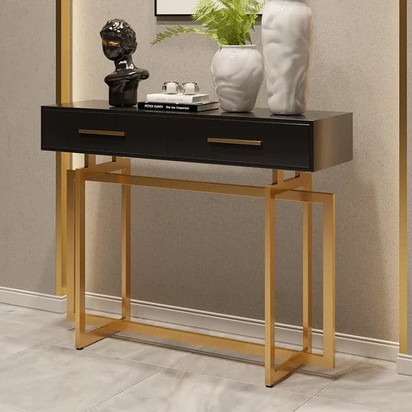 Modern Narrow Black Console Table with Storage Drawers and Metal Legs in Gold