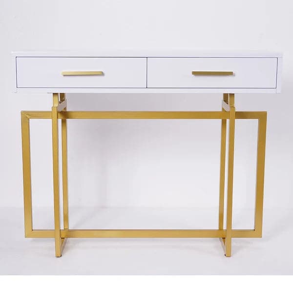 Narrow Console Table with Storage Drawers White Entryway Table with Metal Legs