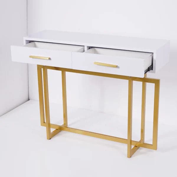 Narrow Console Table with Storage Drawers White Entryway Table with Metal Legs