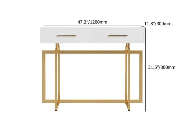 Narrow Console Table with Storage Drawers White Entryway Table with Metal Legs