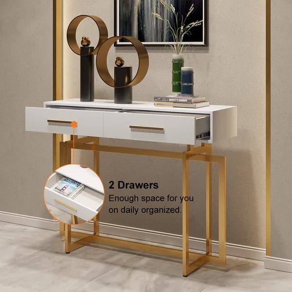 Narrow Console Table with Storage Drawers White Entryway Table with Metal Legs