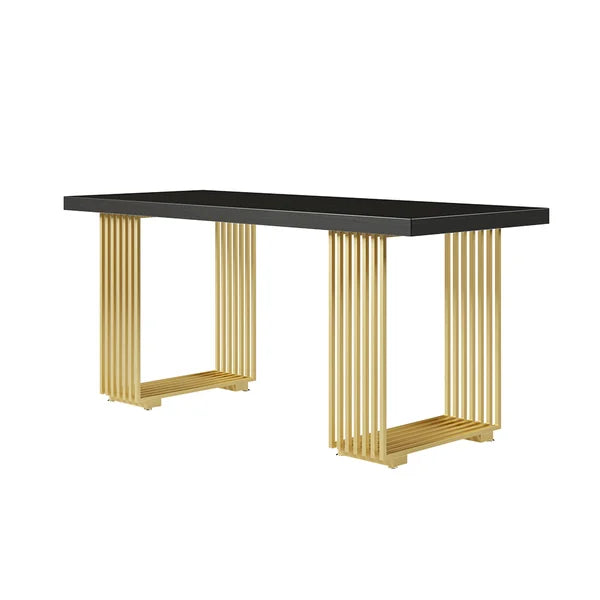 Modern Black Computer Desk Office Desk with Solid Wood Table Top & Gold Frame