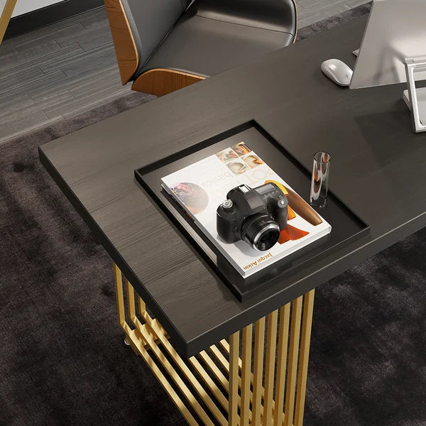 Modern Black Computer Desk Office Desk with Solid Wood Table Top & Gold Frame