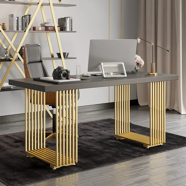 Modern Black Computer Desk Office Desk with Solid Wood Table Top & Gold Frame