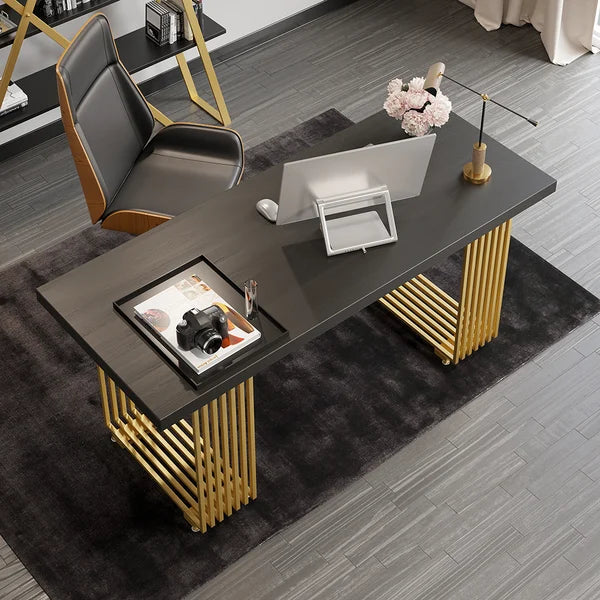 Modern Black Computer Desk Office Desk with Solid Wood Table Top & Gold Frame