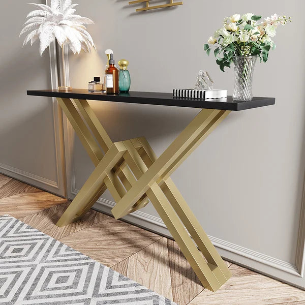 Black/White & Gold Narrow Console Table Accent Table For Entryway X Base & Metal in Small#Black-M