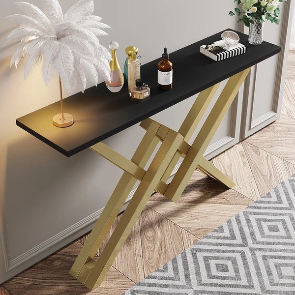 Black/White & Gold Narrow Console Table Accent Table For Entryway X Base & Metal in Small#Black-M