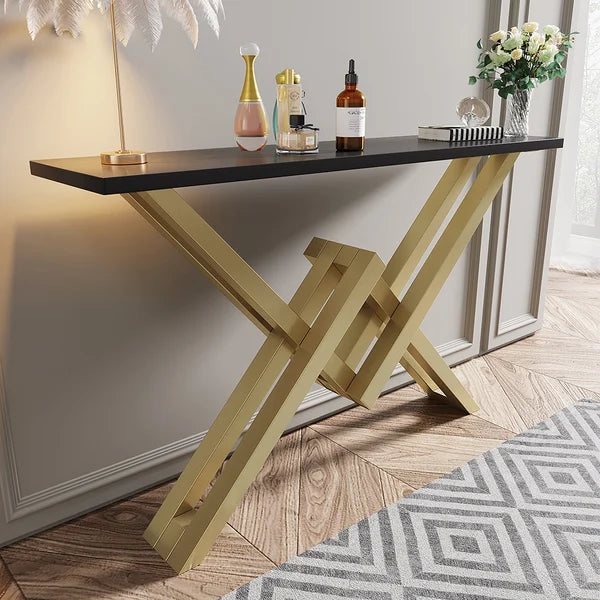 Black/White & Gold Narrow Console Table Accent Table For Entryway X Base & Metal in Small#Black-M