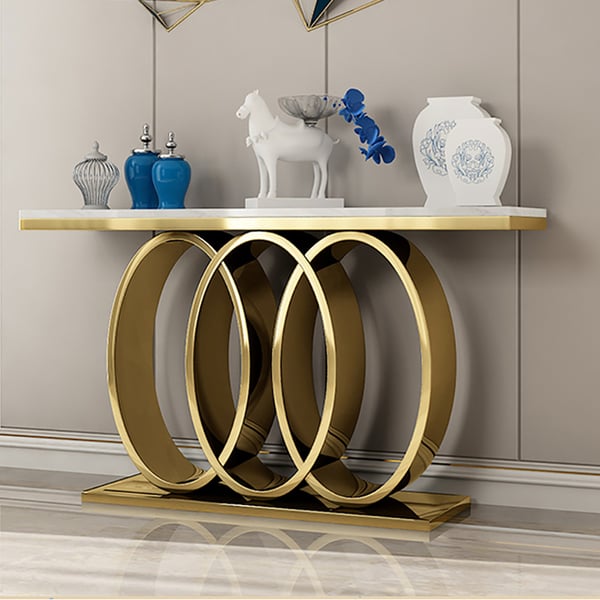 Table console blanche moderne et étroite de 47,2 po avec plateau en faux marbre et base en acier inoxydable