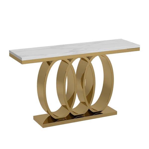 Table console blanche moderne et étroite de 47,2 po avec plateau en faux marbre et base en acier inoxydable