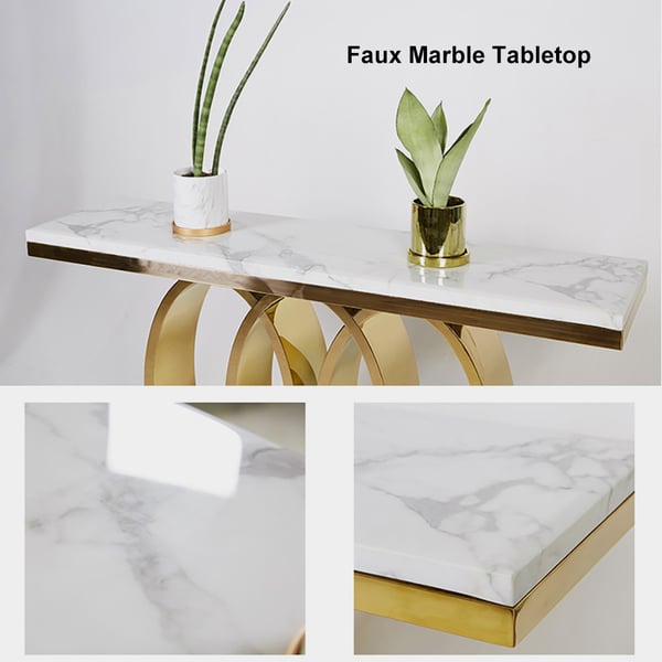 47.2" Narrow Modern White Console Table with Faux Marble Top & Stainless Steel Base