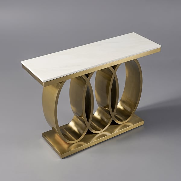 Table console blanche moderne et étroite de 47,2 po avec plateau en faux marbre et base en acier inoxydable