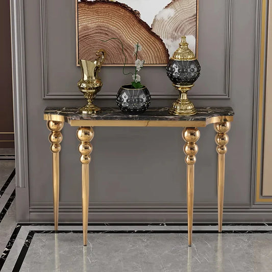 Table console étroite noire de 47,2 po, table d'entrée en faux marbre, pieds en acier inoxydable