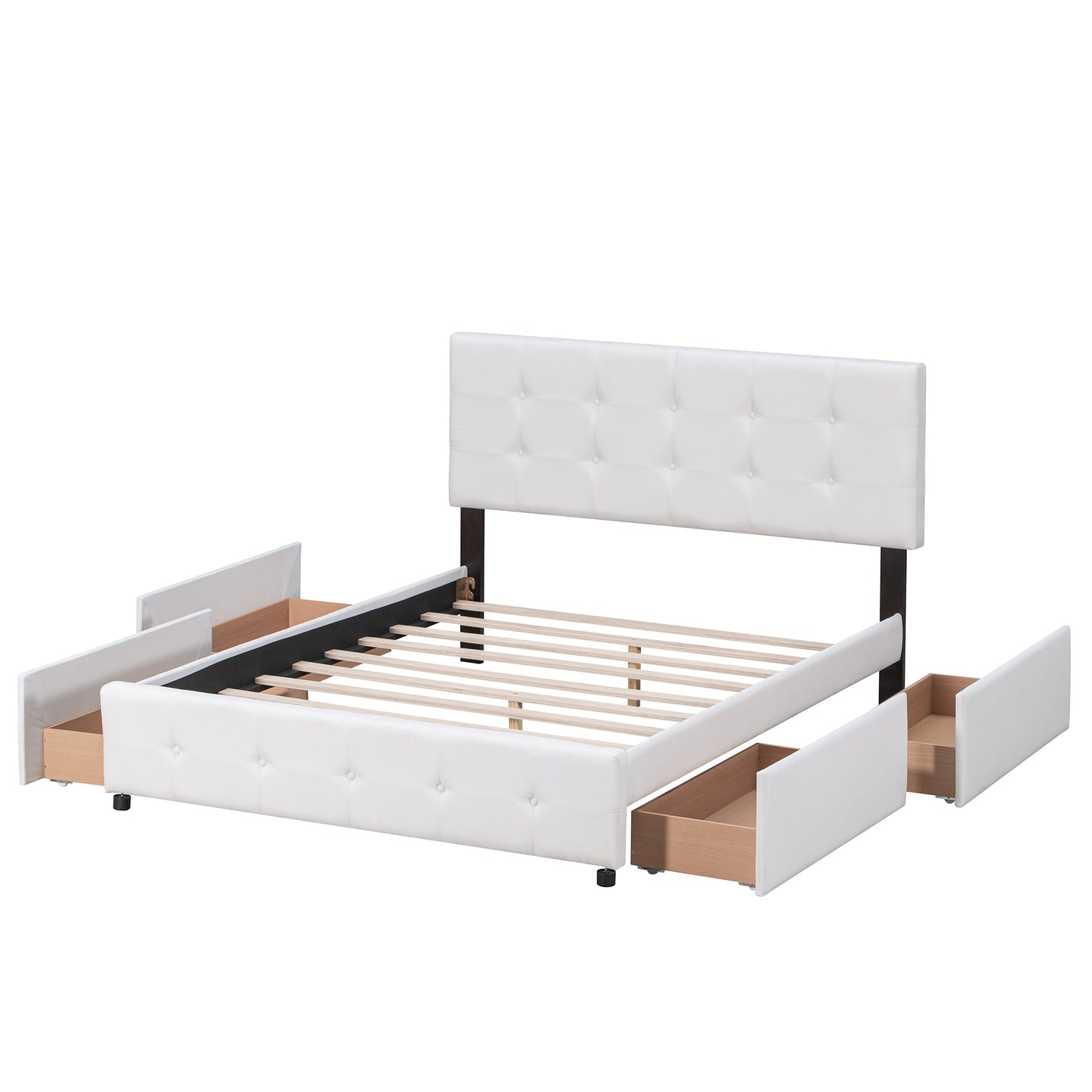 Upholstered Platform Bed with Classic Headboard and 4 Drawers, No Box Spring Needed, Linen Fabric, Queen Size White