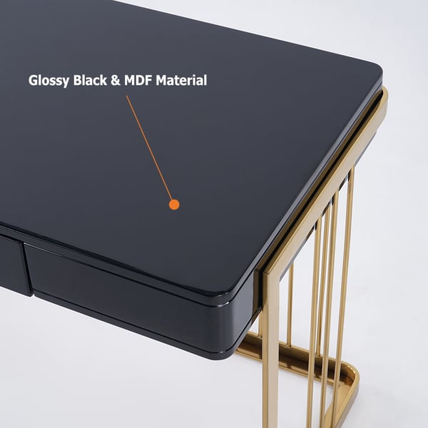 47 Inches Glossy Black Wooden Writing Office Computer Desk with Drawer Modern Gold Base