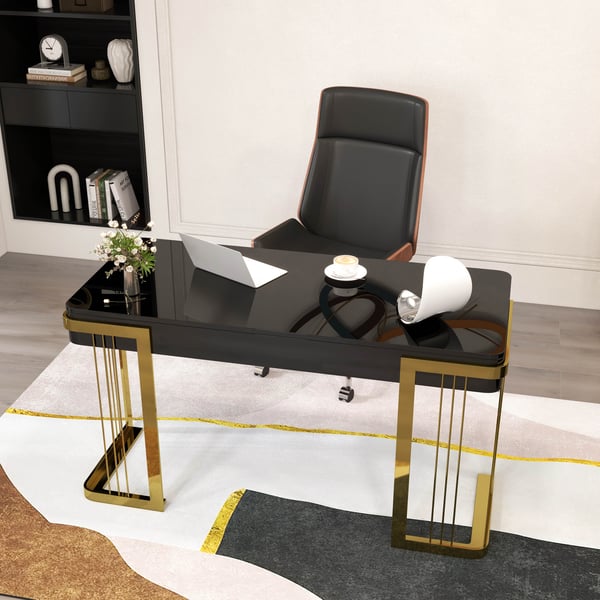 47 Inches Glossy Black Wooden Writing Office Computer Desk with Drawer Modern Gold Base