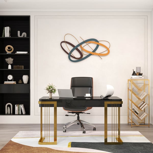 47 Inches Glossy Black Wooden Writing Office Computer Desk with Drawer Modern Gold Base