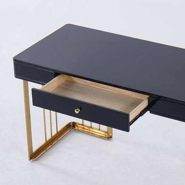 47 Inches Glossy Black Wooden Writing Office Computer Desk with Drawer Modern Gold Base