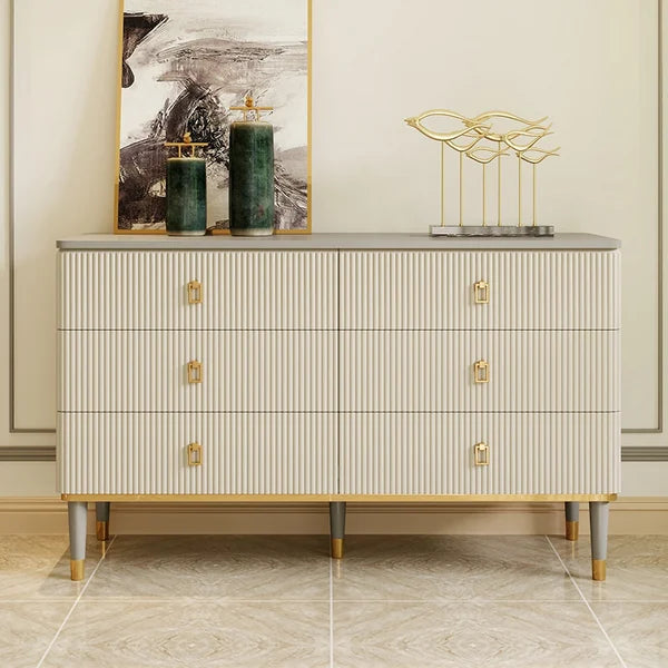 Commode moderne de 47 po, armoire buffet à 6 tiroirs avec rangement en beige et gris