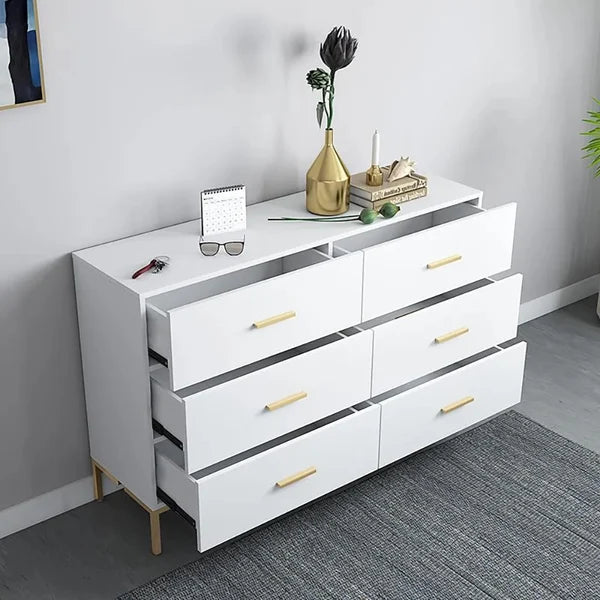 47" Modern White Bedroom Dresser 6-Drawer Accent Cabinet in Gold