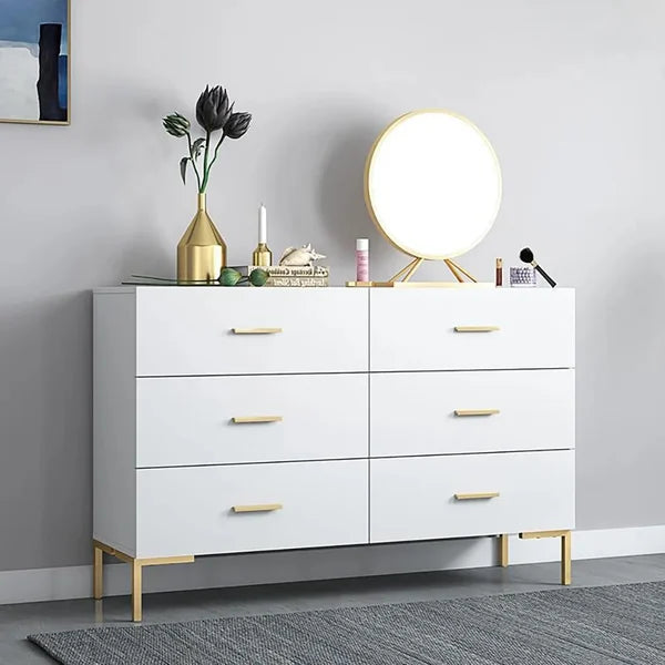 47" Modern White Bedroom Dresser 6-Drawer Accent Cabinet in Gold