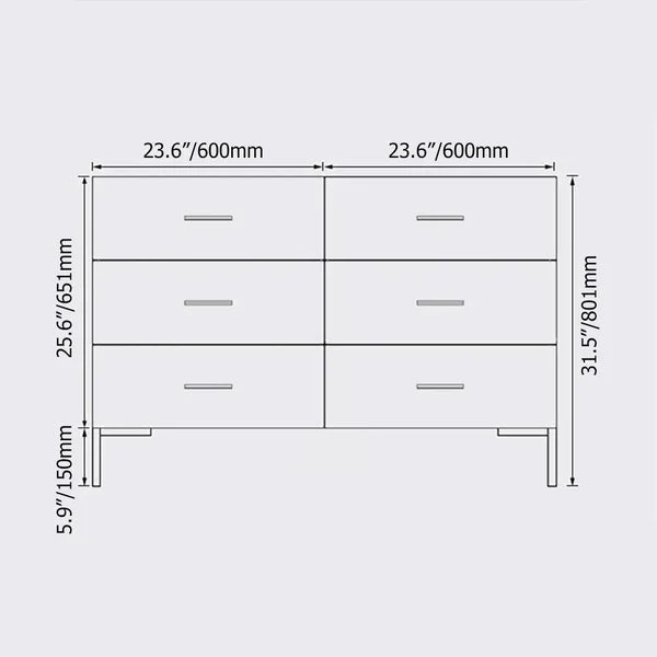 Commode de chambre à coucher blanche moderne de 47 po, armoire d'appoint à 6 tiroirs en or