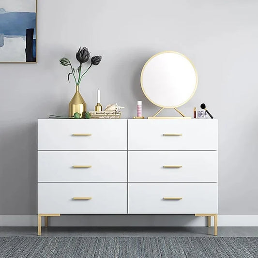 47" Modern White Bedroom Dresser 6-Drawer Accent Cabinet in Gold