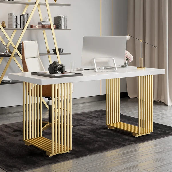 Modern White Rectangular Office Desk with Solid Wood Table Top & Gold Frame