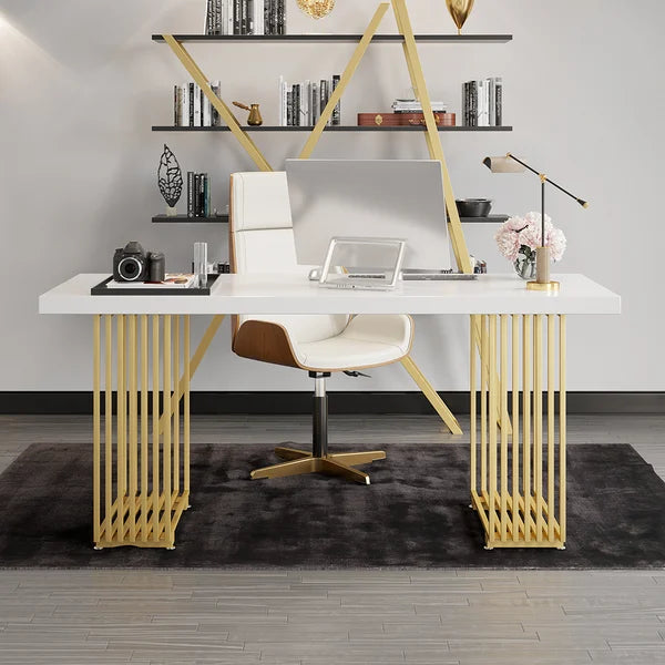 Modern White Rectangular Office Desk with Solid Wood Table Top & Gold Frame