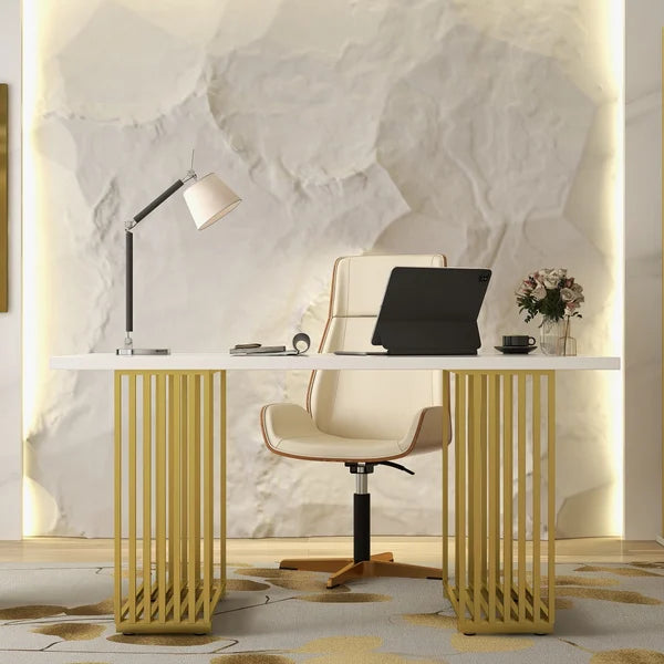 Modern White Rectangular Office Desk with Solid Wood Table Top & Gold Frame
