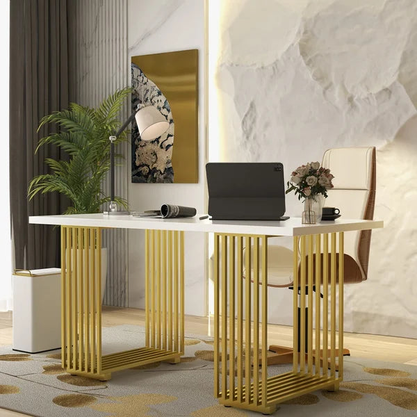 Modern White Rectangular Office Desk with Solid Wood Table Top & Gold Frame