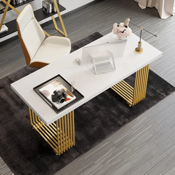 Modern White Rectangular Office Desk with Solid Wood Table Top & Gold Frame