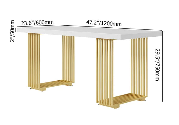 Modern White Rectangular Office Desk with Solid Wood Table Top & Gold Frame