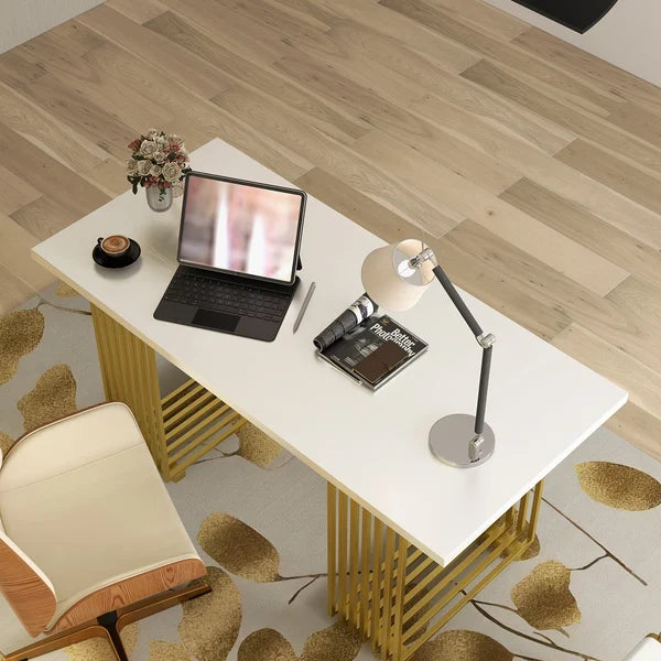 Modern White Rectangular Office Desk with Solid Wood Table Top & Gold Frame