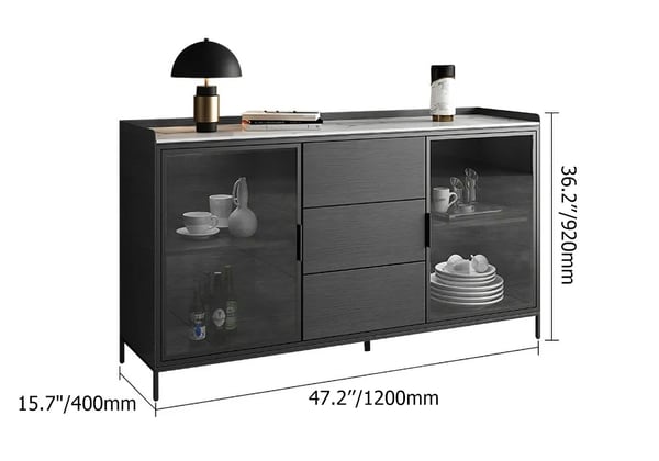 47" Black Sideboard Buffet Doors&Drawers Sintered Stone Top Modern Sideboard Cabinet