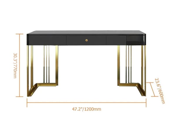 47 Inches Glossy Black Wooden Writing Office Computer Desk with Drawer Modern Gold Base