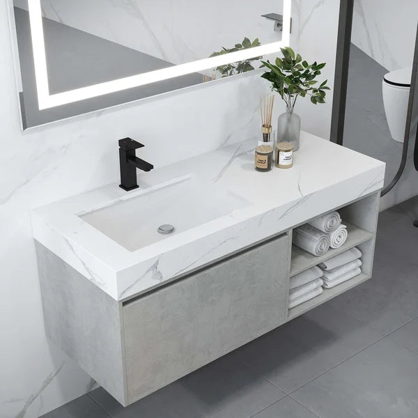 Meuble-lavabo flottant de 47 po gris et blanc avec porte de rangement pour lavabo simple et dessus