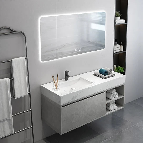 Meuble-lavabo flottant de 47 po gris et blanc avec porte de rangement pour lavabo simple et dessus