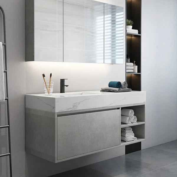 Meuble-lavabo flottant de 47 po gris et blanc avec porte de rangement pour lavabo simple et dessus