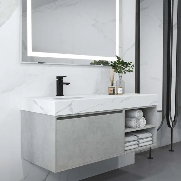 Meuble-lavabo flottant de 47 po gris et blanc avec porte de rangement pour lavabo simple et dessus