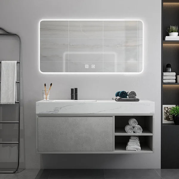 Meuble-lavabo flottant de 47 po gris et blanc avec porte de rangement pour lavabo simple et dessus