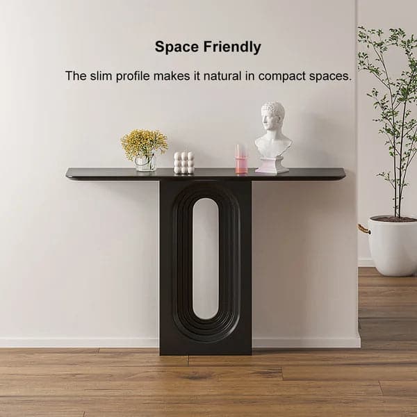 47 Inch Japandi Narrow Wood Black Console Table with Geometric Pedestal Entryway Table