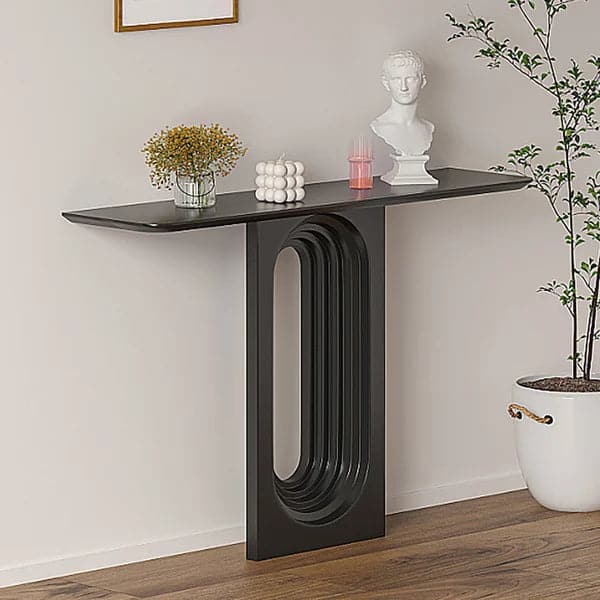 47 Inch Japandi Narrow Wood Black Console Table with Geometric Pedestal Entryway Table