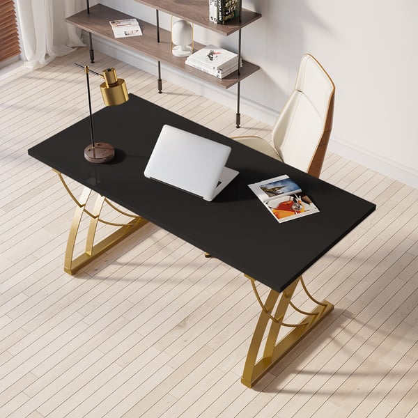 Modern Black Rectangular Home Office Desk with Pine Wood Table Top & Gold Frame