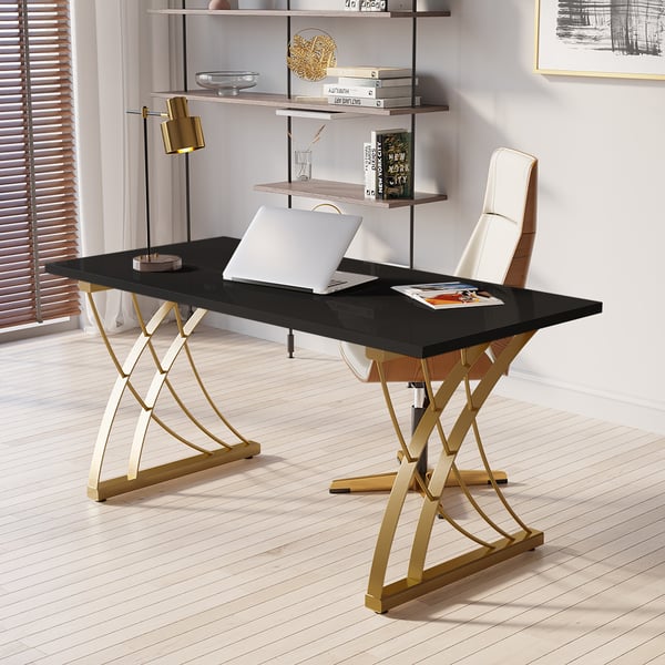 Modern Black Rectangular Home Office Desk with Pine Wood Table Top & Gold Frame
