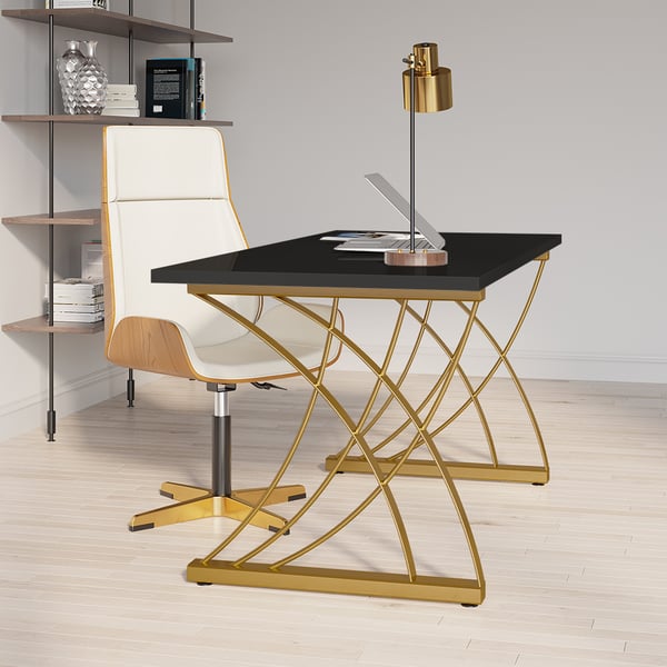 Modern Black Rectangular Home Office Desk with Pine Wood Table Top & Gold Frame