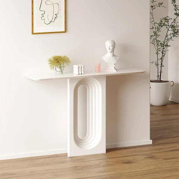 47 Inch Modern Narrow Wood White Console Table with Geometric Pedestal Entryway Table