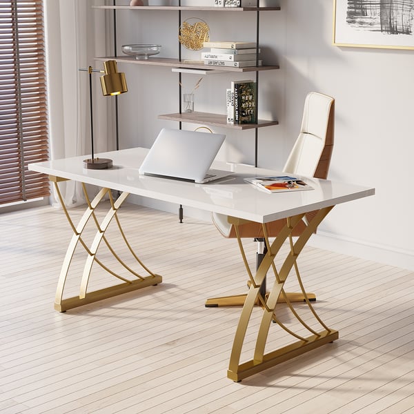 Modern White Wooden Computer Desk Rectangular Office Desk with Gold Frame