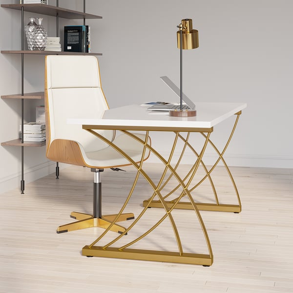 Modern White Wooden Computer Desk Rectangular Office Desk with Gold Frame