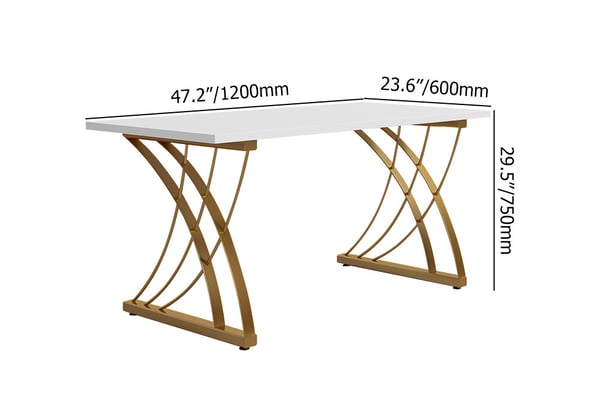 Modern White Wooden Computer Desk Rectangular Office Desk with Gold Frame